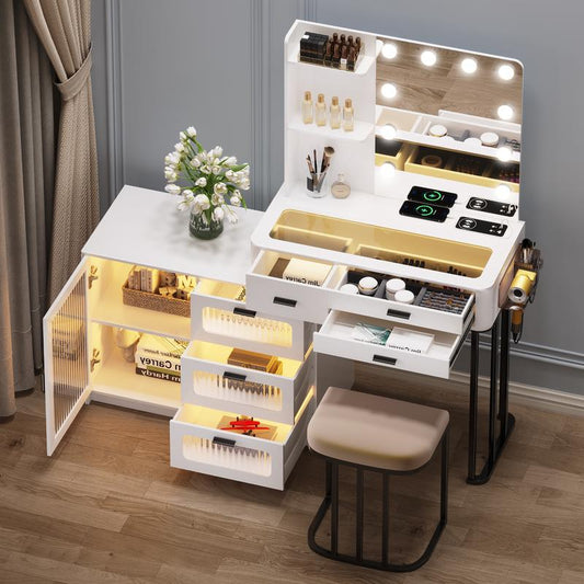 Miu Vanity Makeup Set with Mirror Lights, Dressing Table with 6 Drawers, Adjustable Lighting, Charging Station, Vanity Makeup Table