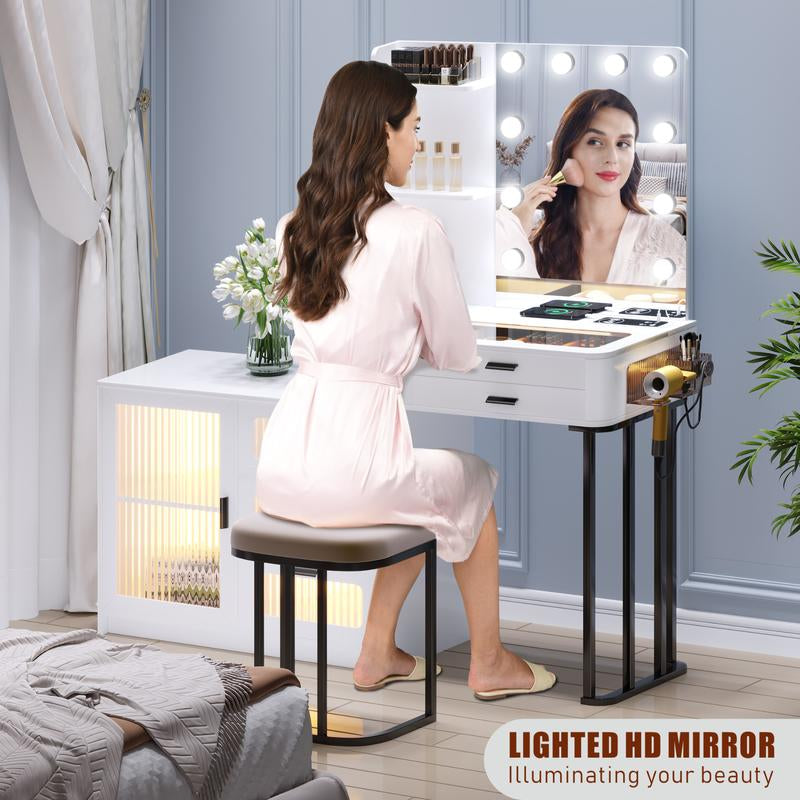 Miu Vanity Makeup Set with Mirror Lights, Dressing Table with 6 Drawers, Adjustable Lighting, Charging Station, Vanity Makeup Table