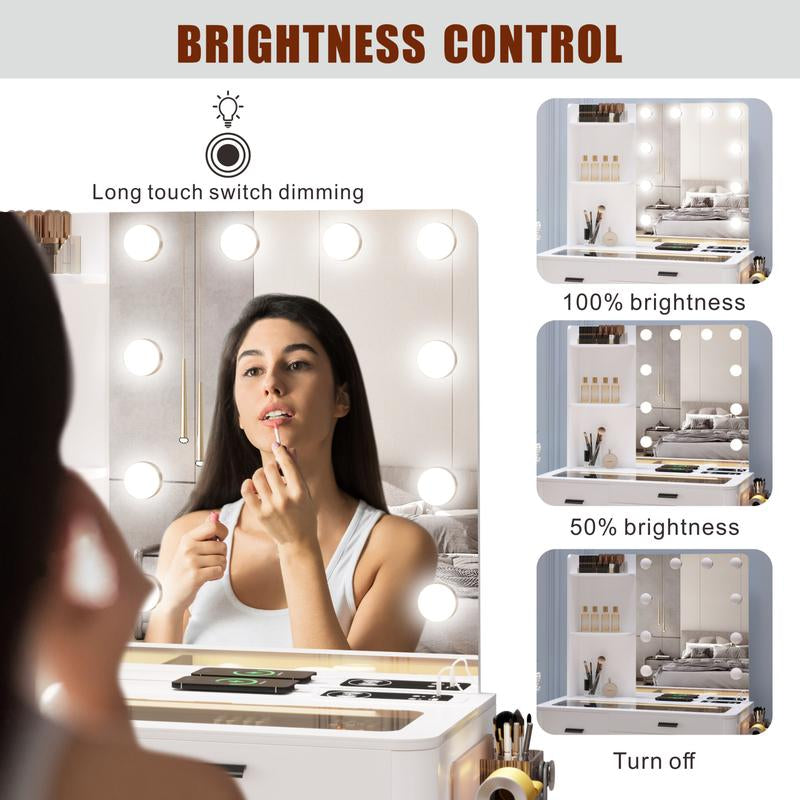 Miu Vanity Makeup Set with Mirror Lights, Dressing Table with 6 Drawers, Adjustable Lighting, Charging Station, Vanity Makeup Table