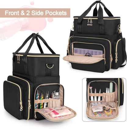 Double Layer Nail Polish Organizer Holds 70 Bottles (15Ml - 0.5 Fl.Oz) and a Nail Dryer, Nail Polish Case with 2 Removable Pouches and Tools Storage Sections (Bag Only), Black