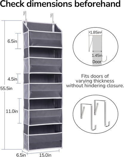 1 Pack over Door Organizer with 5 Large Pockets 10 Mesh Side Pockets, 44 Lbs Weight Capacity Hanging Storage Organizer with Clear Window Kids Toys, Shoes, Diapers, Dark Grey, 5 Layers