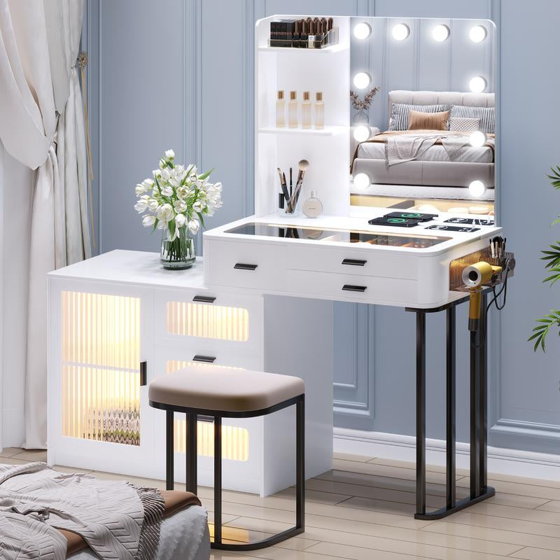 Miu Vanity Makeup Set with Mirror Lights, Dressing Table with 6 Drawers, Adjustable Lighting, Charging Station, Vanity Makeup Table