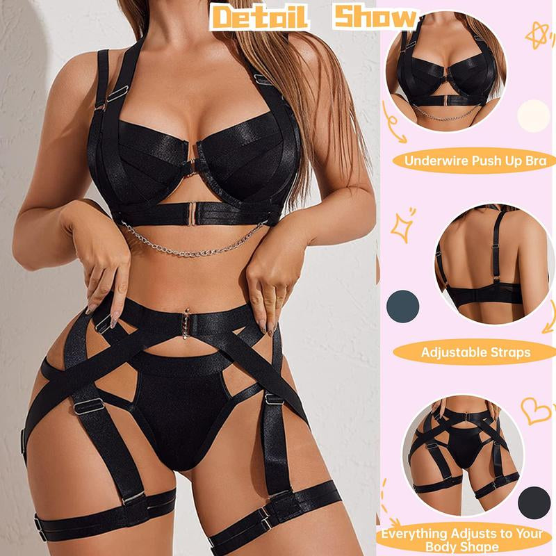 Avidlove Lingerie Set for Women Strappy Lingerie Underwire Push up Bra Garter Set Lingerie with Chain