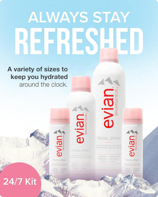 Evian Facial Spray 24/7 Kit - Hydrating Mineral Water Mist for Face & Skin - Refreshes Makeup, Sets, & Tones - Travel-Friendly Sizes for Daily Moisture Boost