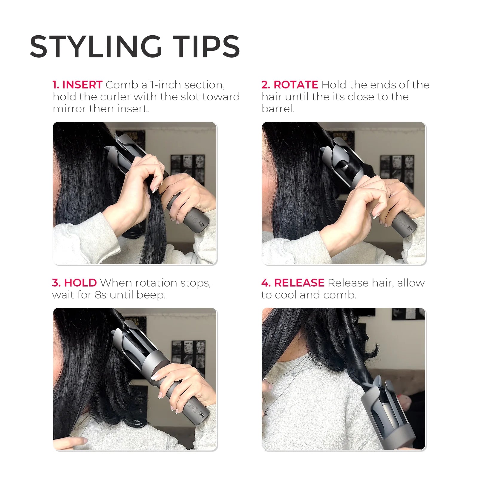 CURLPRO Automatic Curling Iron - Achieve Effortless Beach Waves with Rotating Curler, 500M Ionic Technology, Dual Voltage, Lightweight Design, 1 Inch in Gray
