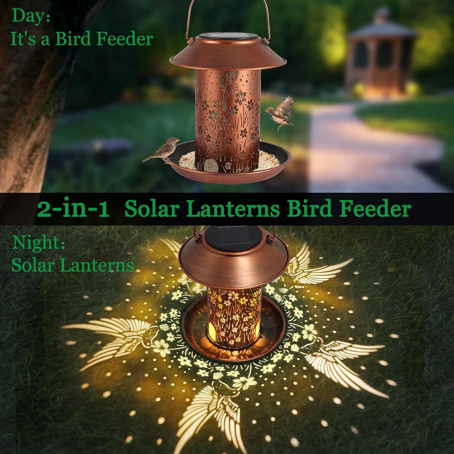 Solar Bird Feeder for Outdoors Hanging, Metal Waterproof Wild Bird Feeder for Cardinals, Lantern Light for Garden Decor, Butterfly