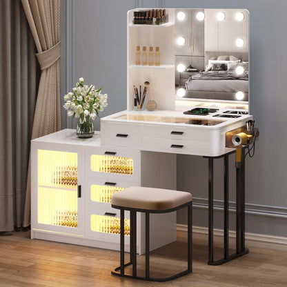 Miu Vanity Makeup Set with Mirror Lights, Dressing Table with 6 Drawers, Adjustable Lighting, Charging Station, Vanity Makeup Table