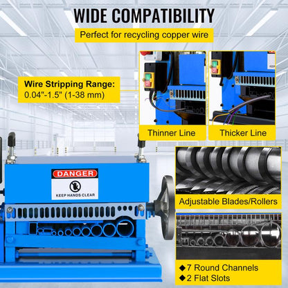 VEVOR 1.5-38MM Electric Cable Stripping Machine 370W, Efficiently Strips Various Metal Wires, Includes 10 Blades, Speeds up to 15M/Min