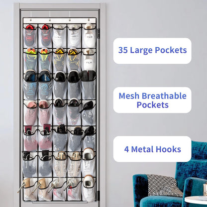 35 Pockets over the Door Shoe Organizer, Hanging Shoe Organizer for Door Large Capacity Shoe Storage Bag with 4 Metal Hooks (White-1Pack)