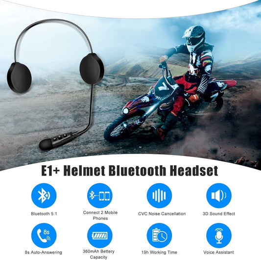 E1+ Motorcycle Helmet Bluetooth Headset, Bluetooth 5.1 Helmet Speaker with Auto Answering Call and Noise Reduction Function, Motorcycle Helmet Headphone Can Connect 2 Mobile Phones
