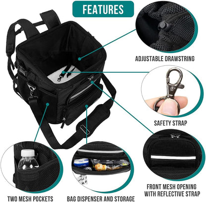 Dog Bike Basket, Soft-Sided Ventilated Dog Bike Carrier Backpack, Pet Bicycle Basket for Bike Handlebar, Small Medium Puppy Cat Kitten Car Booster Seat with Safety Strap, Max 18 Lbs, Black