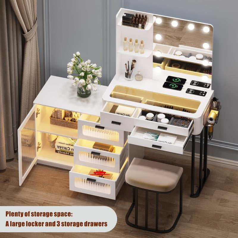 Miu Vanity Makeup Set with Mirror Lights, Dressing Table with 6 Drawers, Adjustable Lighting, Charging Station, Vanity Makeup Table