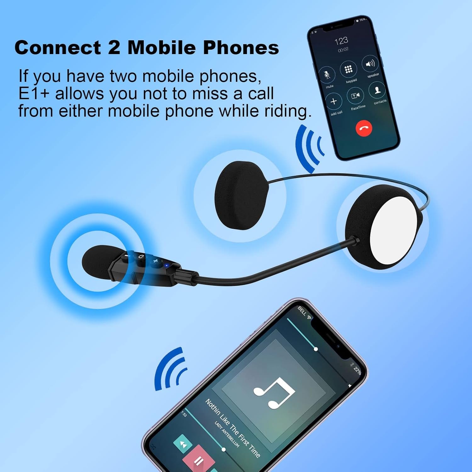 E1+ Motorcycle Helmet Bluetooth Headset, Bluetooth 5.1 Helmet Speaker with Auto Answering Call and Noise Reduction Function, Motorcycle Helmet Headphone Can Connect 2 Mobile Phones