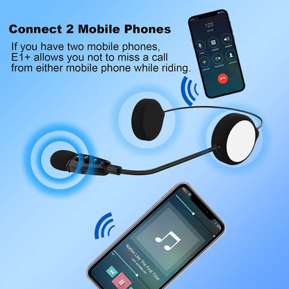 E1+ Motorcycle Helmet Bluetooth Headset, Bluetooth 5.1 Helmet Speaker with Auto Answering Call and Noise Reduction Function, Motorcycle Helmet Headphone Can Connect 2 Mobile Phones