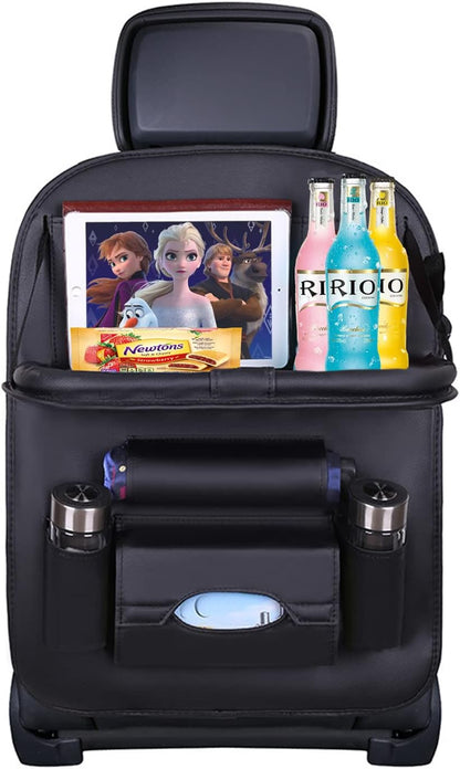 Car Back Seat Organizer with Foldable Table Tray, PU Leather Backseat Car Organizer with Tablet Holder for Kids Toddlers Travel, Car Seat Back Protector Storage Kick Mats Travel Accessories