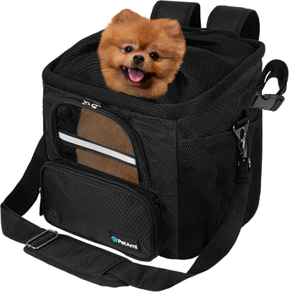 Dog Bike Basket, Soft-Sided Ventilated Dog Bike Carrier Backpack, Pet Bicycle Basket for Bike Handlebar, Small Medium Puppy Cat Kitten Car Booster Seat with Safety Strap, Max 18 Lbs, Black