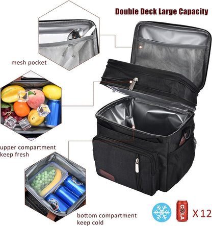 Lunch Bag for Women Men Double Deck Lunch Box - Leakproof Insulated Soft Large Lunch Cooler Bag,  (Black,15L)