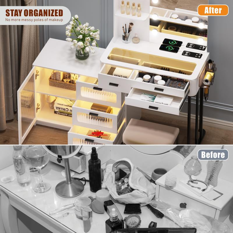 Miu Vanity Makeup Set with Mirror Lights, Dressing Table with 6 Drawers, Adjustable Lighting, Charging Station, Vanity Makeup Table