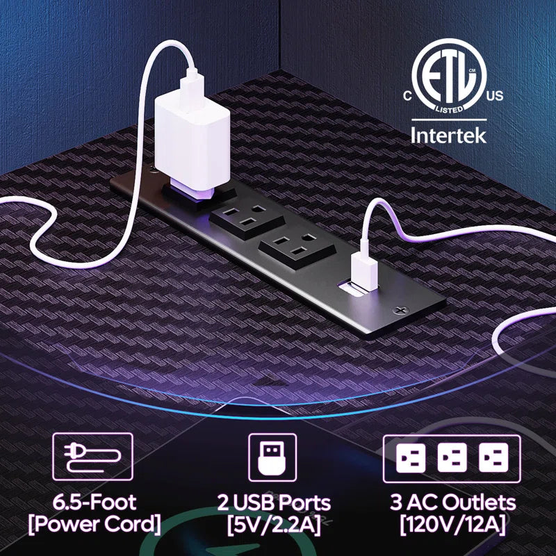 Nedyo 48" L-Shaped Computer Desk with Power Outlet, LED Gaming Work Desk with Monitor Stand